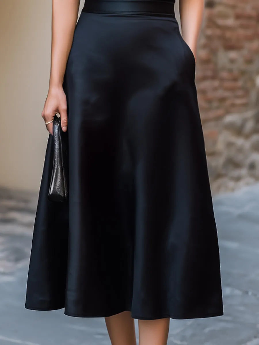 Ribbed Knit Turtleneck Top And A-Line Midi Skirt Set