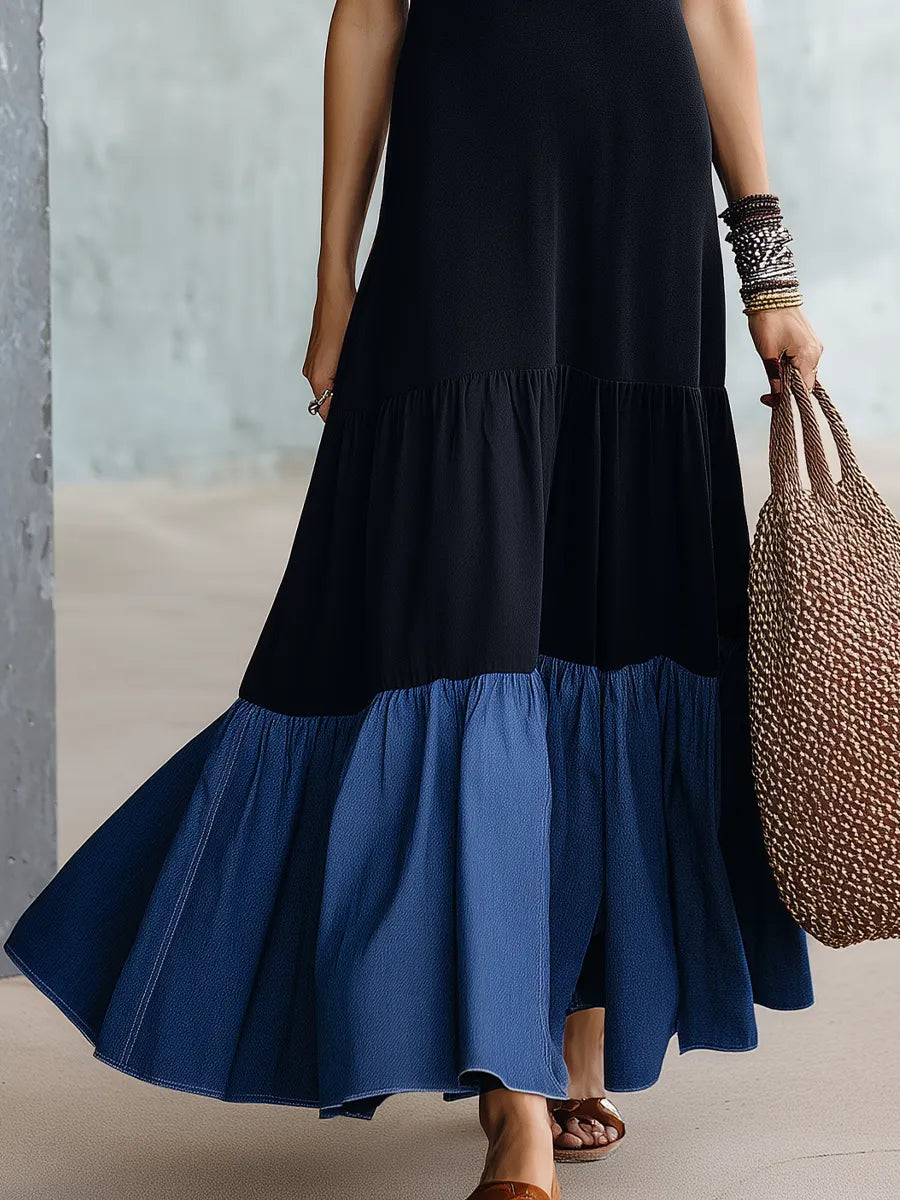 Elegant Black Contrast Tiered Maxi Dress