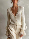 White Ribbed Knit Cardigan With Lace Trim And Button Front