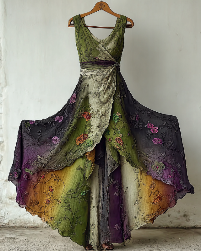 Elegant Green and Purple Lace Vintage Dress 383d