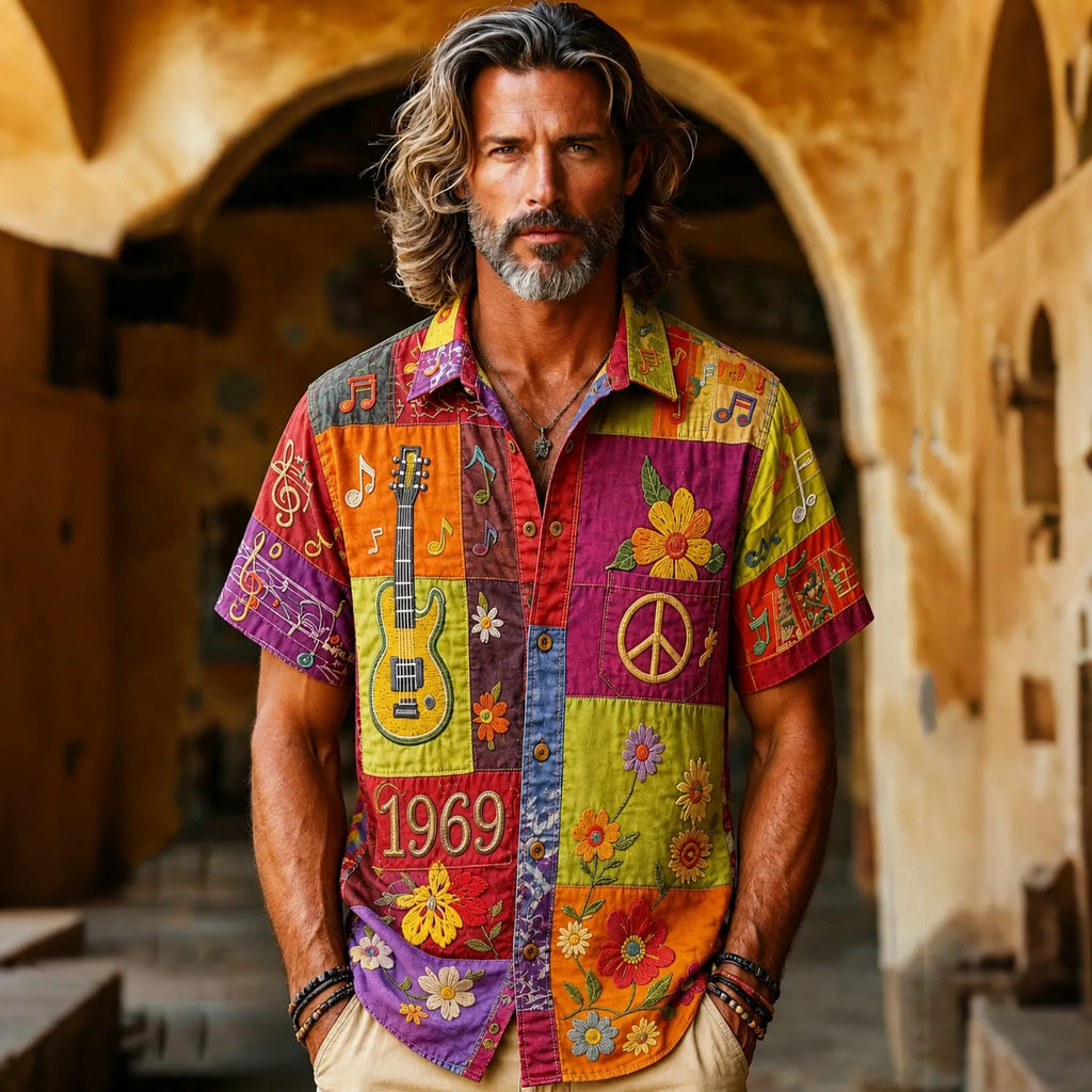 Men's Hippie Contrast Color Guitar Floral Patchwork Design Printed Shirt