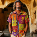 Men's Hippie Contrast Color Guitar Floral Patchwork Design Printed Shirt