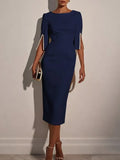 Purplish blue Faux Pearl Classic Crew Neck Half Sleeve Sheath Midi Dress
