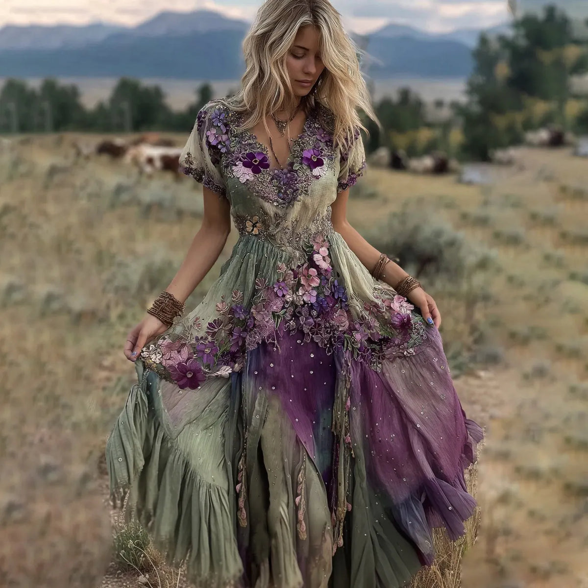 Vintage Gradient Purple Pansy Embroidered Linen Maxi Dress