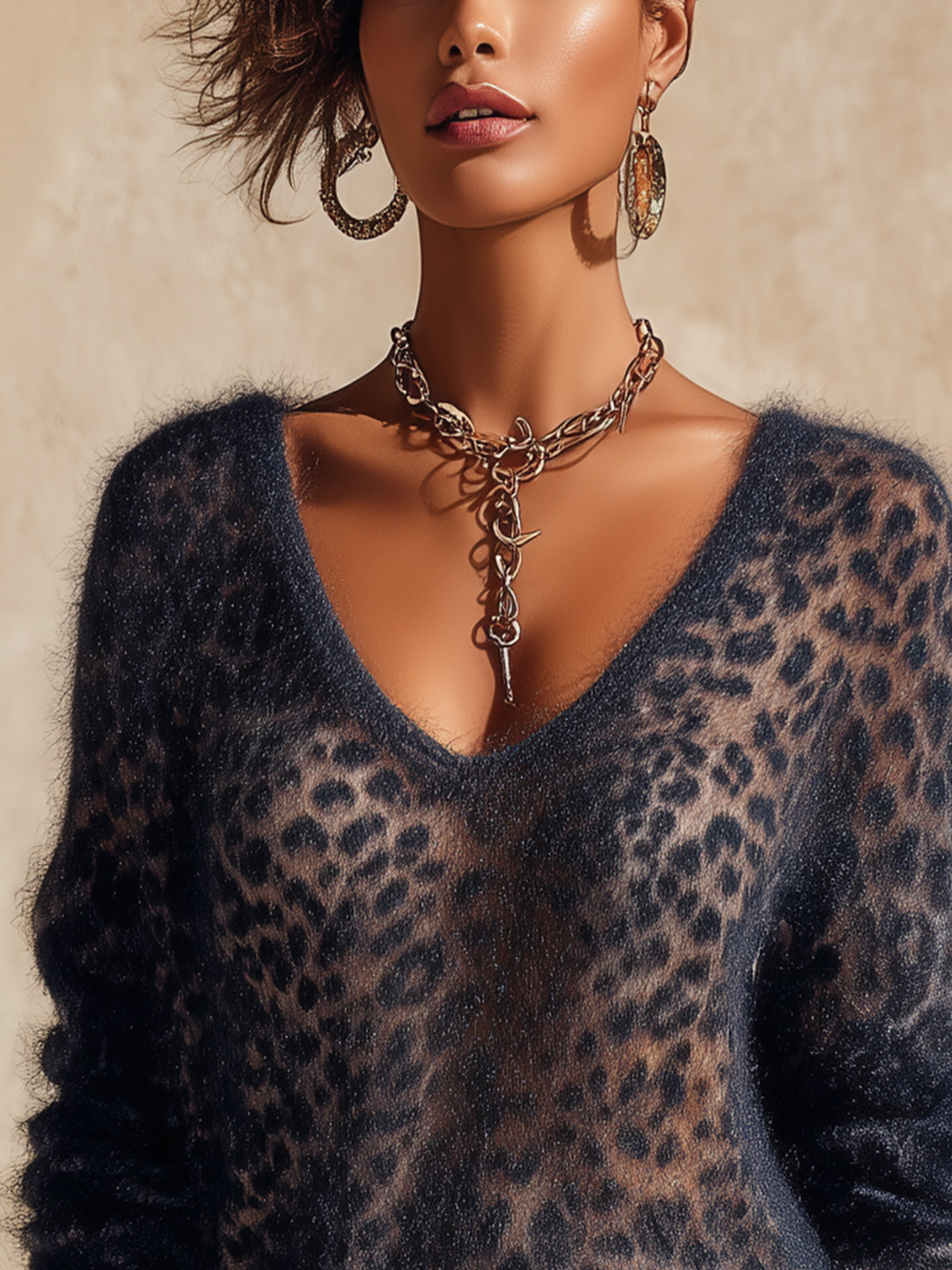 Navy Leopard Print Striped Cuff Semi-Sheer Mohair V-Neck Oversized Knit Sweater