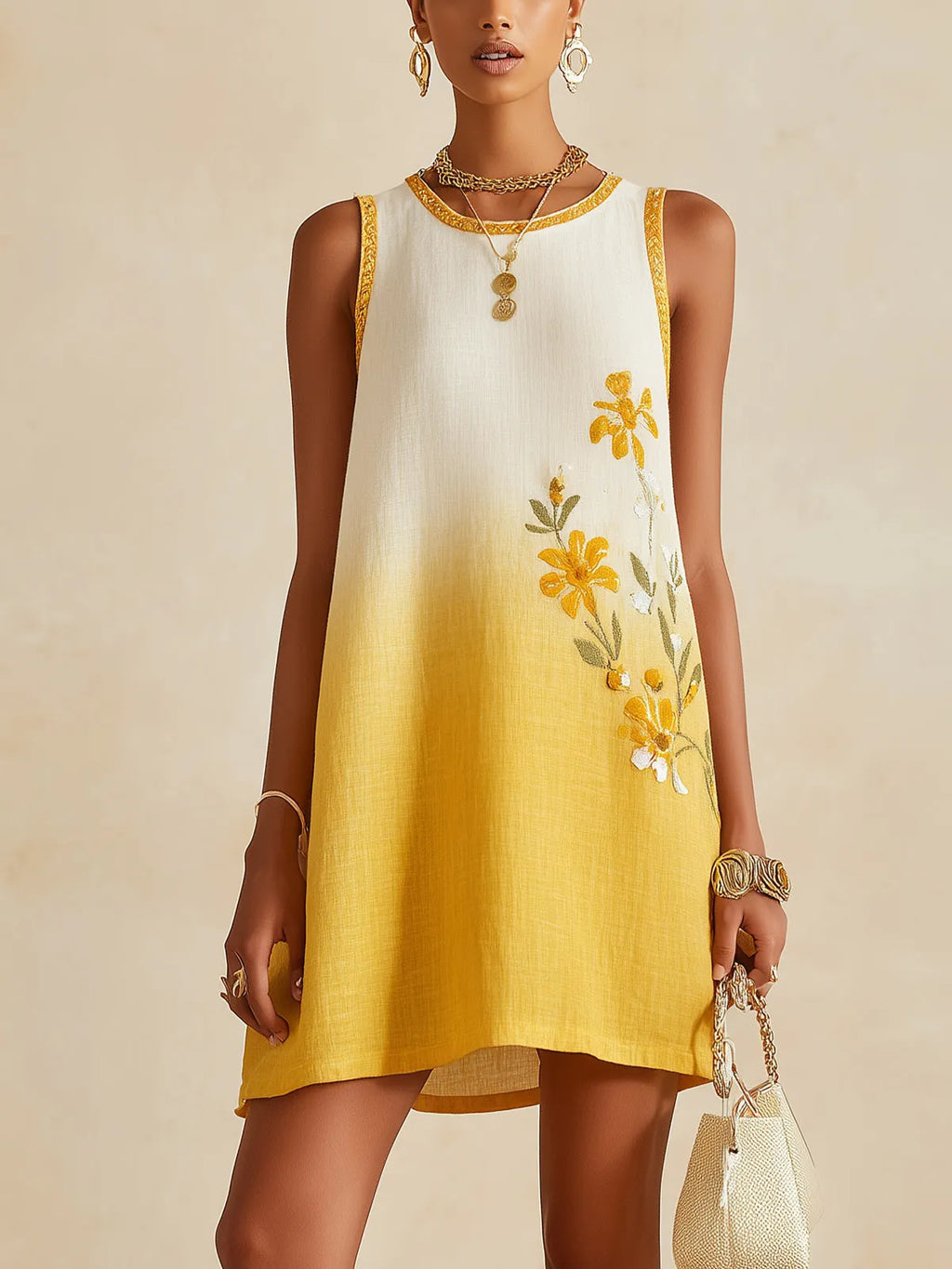 Yellow Ombre Sleeveless Mini Dress With Floral Embroidery