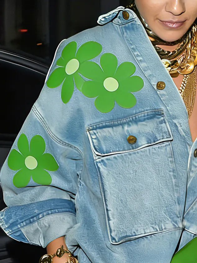 Casual Floral Buttoned Denim Shirt