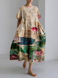 Vintage Lotus Flower Art Linen Blend Cozy Maxi Dress