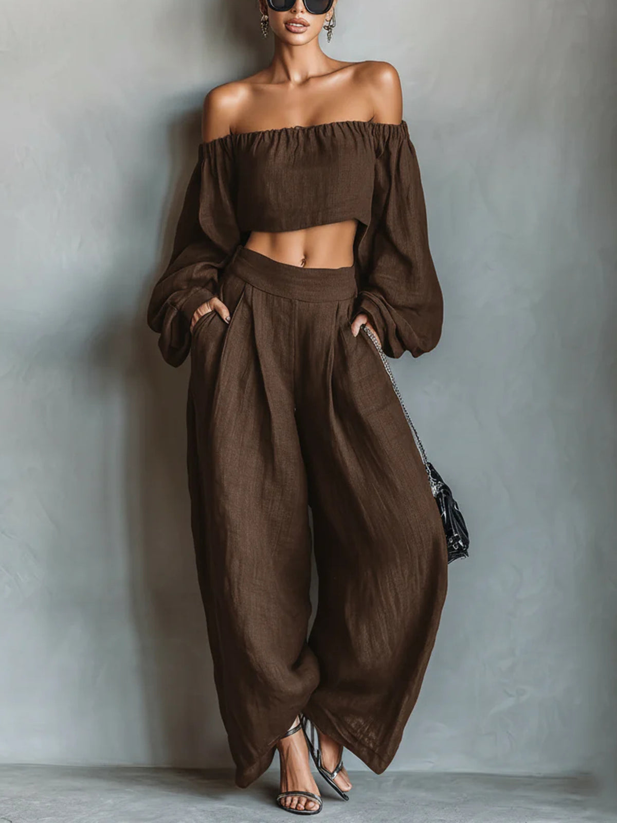 Momocco Elegant Off-Shoulder Puff Sleeve Two-Piece Set - Flowy Wide Leg Pants Resort Wear