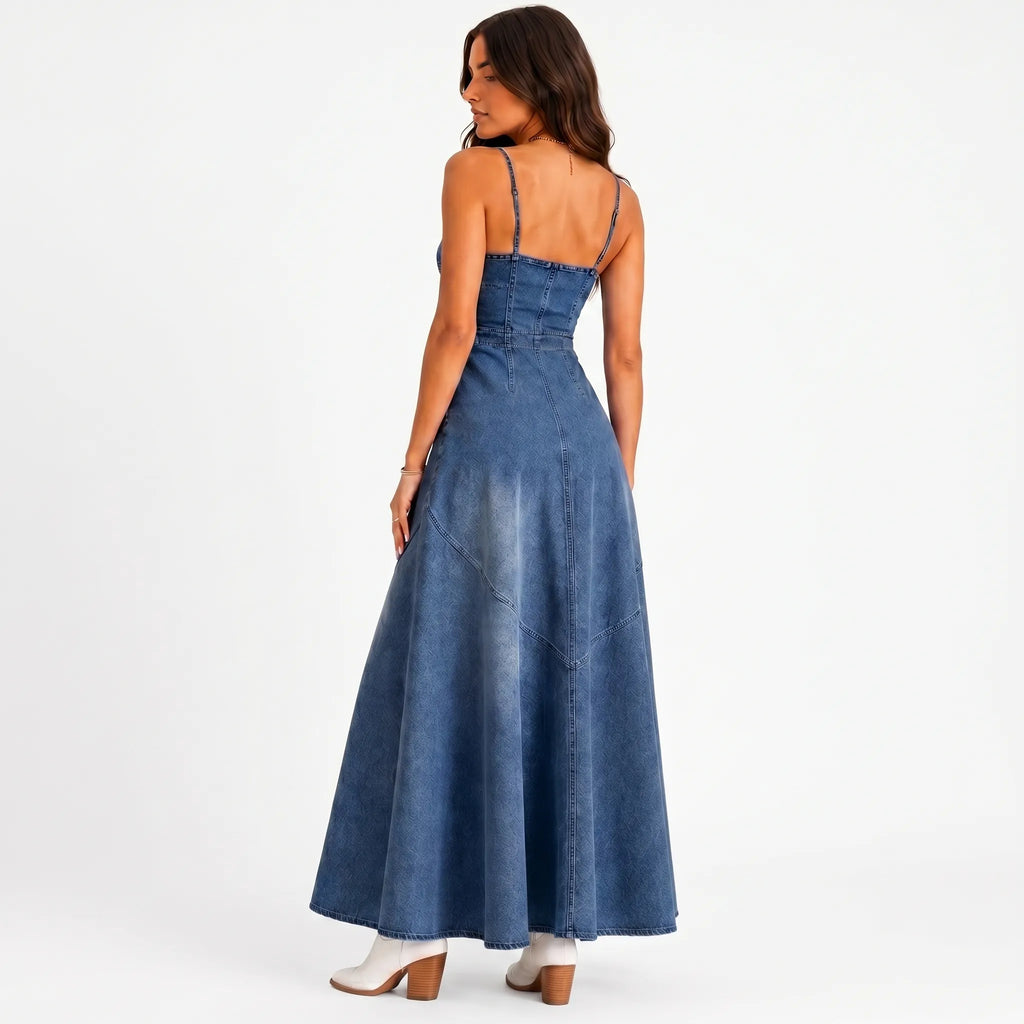 Stylish Button-Front Denim Maxi Dress