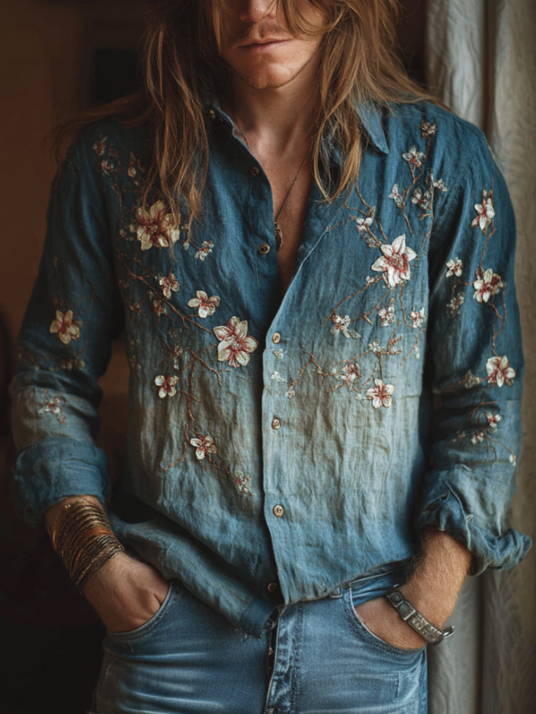 Japanese Style Dahlia Gradient Pattern Men's Linen Long-sleeved Shirt
