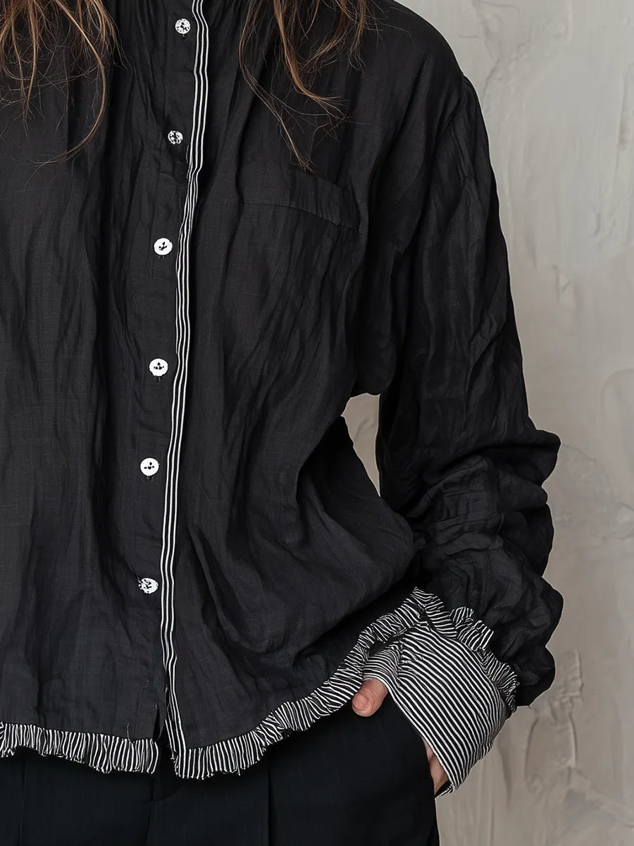 Relaxed Black Striped Trim Button-Up Shirt