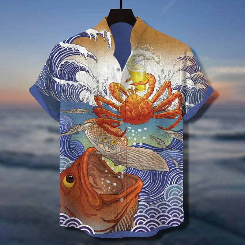 Men's Fish And Scallop Waves Crab Drinking Beer Art Print Casual Shirt