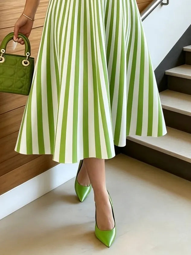 Urban Striped Printing Crew Neck Midi Dress