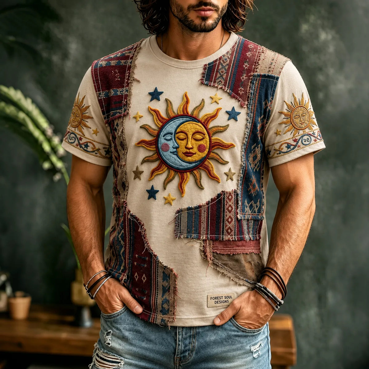 Men's Hippie Sun Art Geometric Patchwork Print Casual T-shirt