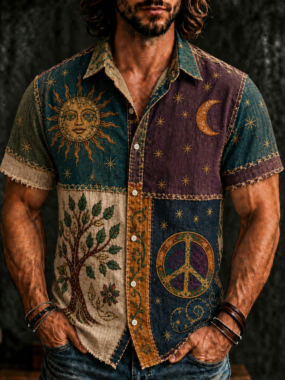 Men's Hippie Sun Tree Of Life Patchwork Print Casual Shirt