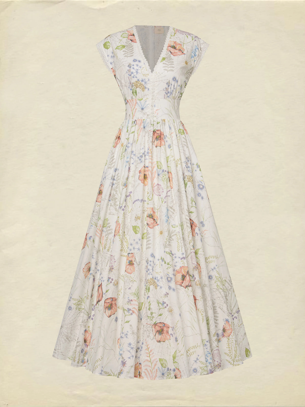 Maxi Cotton Dress, Cap Sleeves, V Neck, Floral, Lace, Vintage, Red