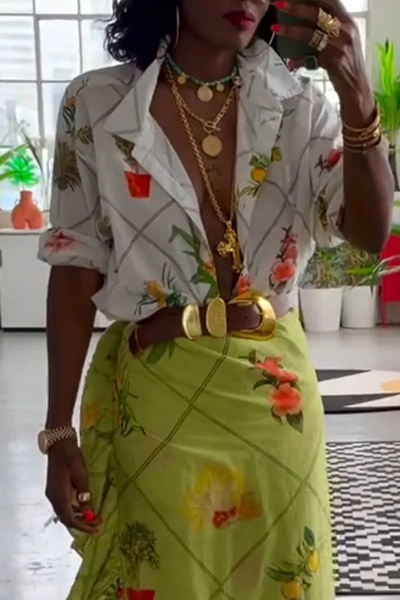 Women Vacation Casual Style Flip Collar Printed Shirt or Patchwork Skirt