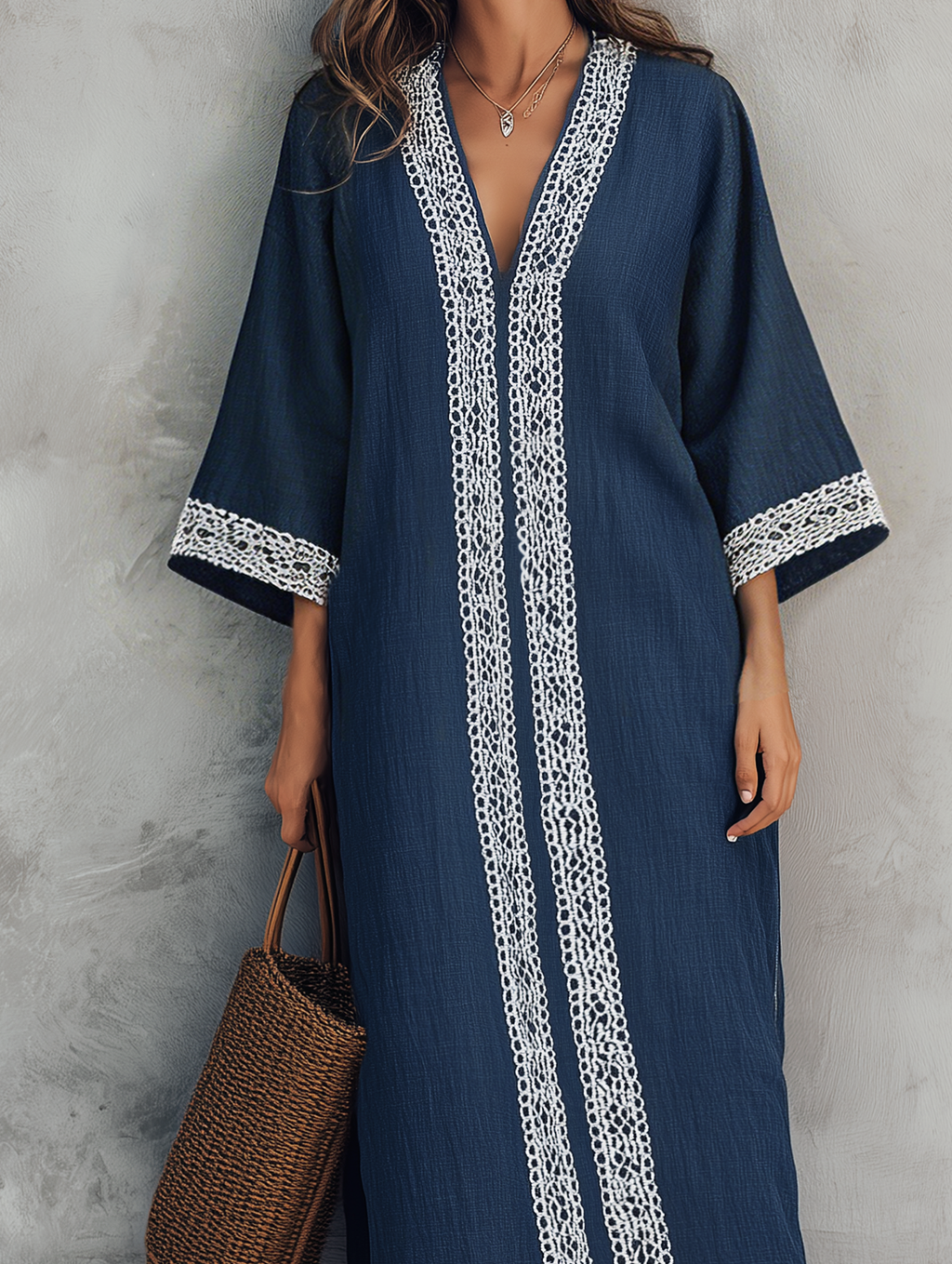 Women's Casual Navy Blue Cotton-Linen V-Neck Maxi Dress With Three-Quarter Sleeves MDZ2332G1LXY