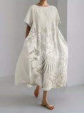 Classy Cranes Floral Japanese Embroidered Linen Blend Maxi Dress