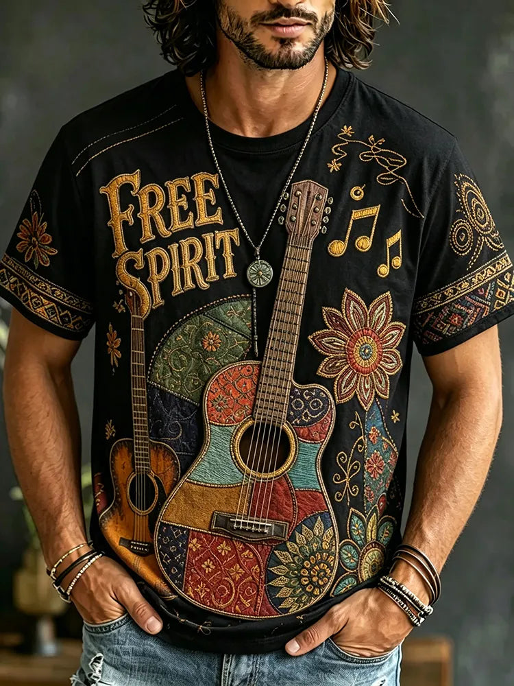 Men's Retro Hippie Guitar Music Ethnic Design Short-sleeve T-shirt