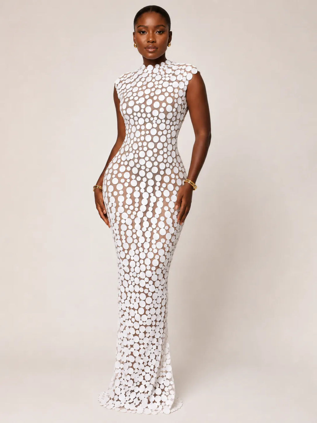 Ivory Disc Appliqué Sheer Mesh Bodycon Maxi Dress