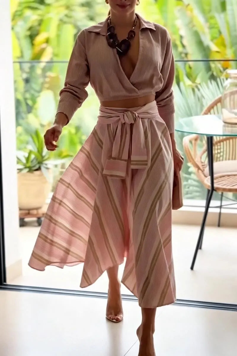Women Elegant Casual Collar Top or Vertical Stripe Half Skirt
