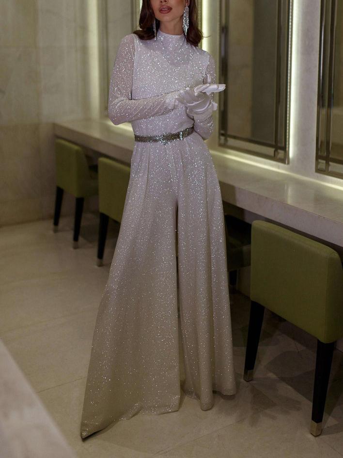Neosepa-Shimmering Sequin Round neck Wide Leg Graceful Wedding Jumpsuit (Without Gloves)