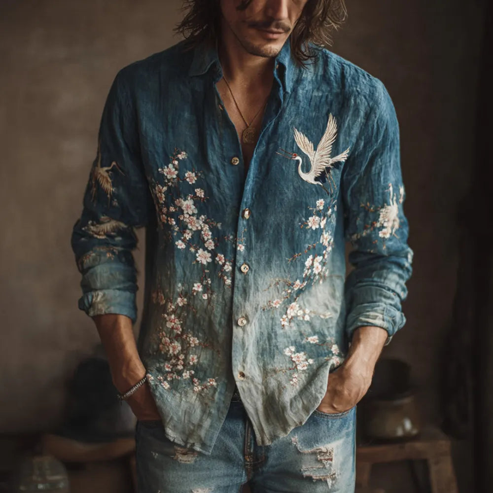 Japanese Style Crane And Cherry Blossom Tree Gradient Pattern Men's Linen Long Sleeve Shirt