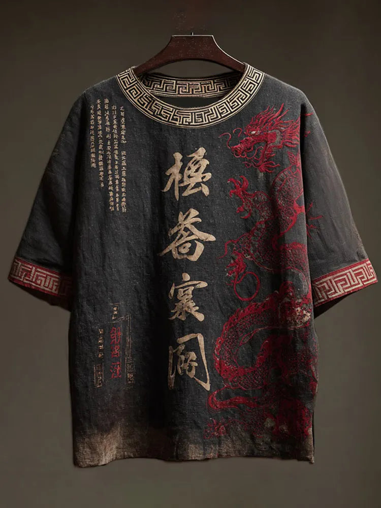 Retro Japanese Calligraphy And Dragon Art Pattern Casual Linen Blend T-shirt