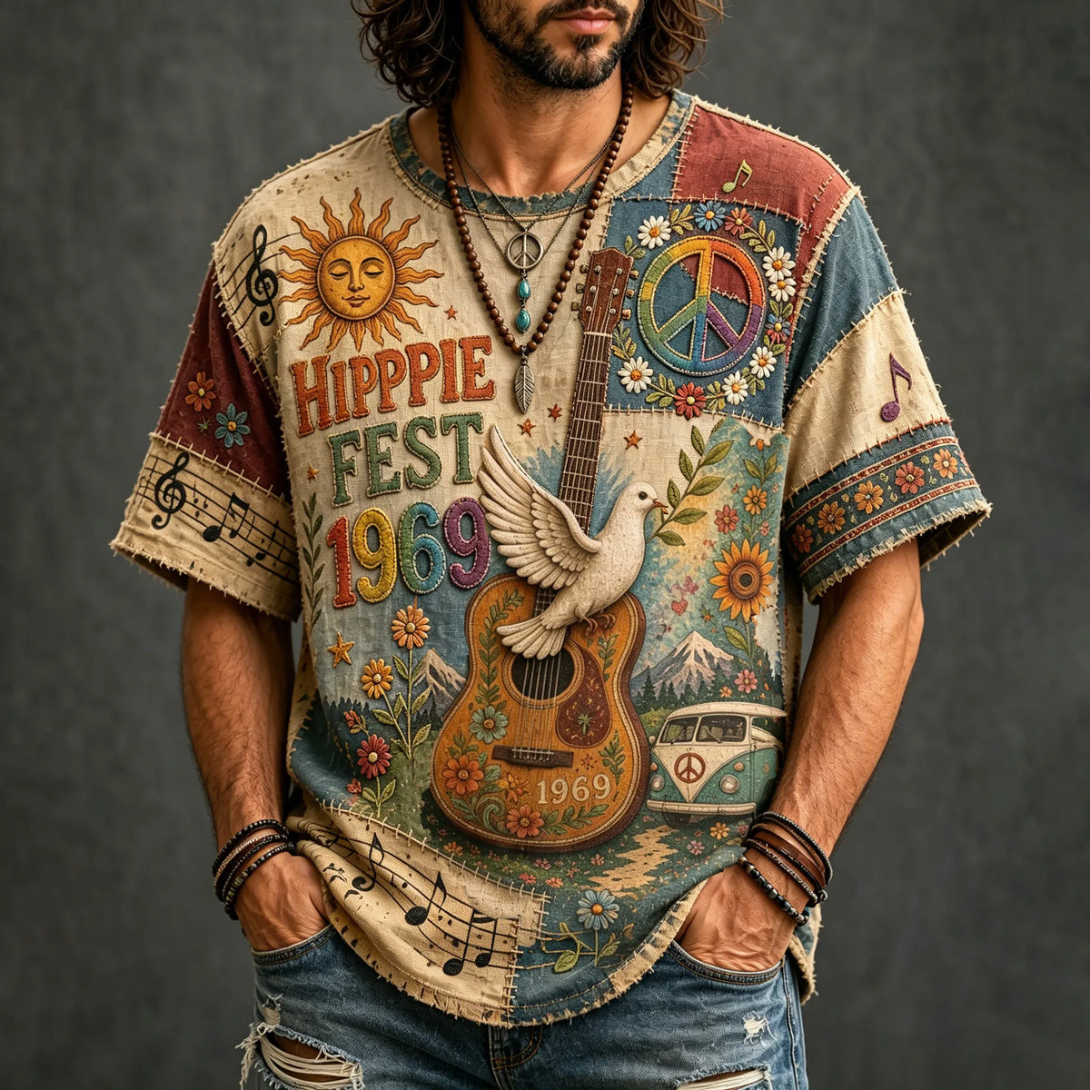 Men's Hippie Music Pigeons With Guitar Patchwork Pattern Print T-shirt