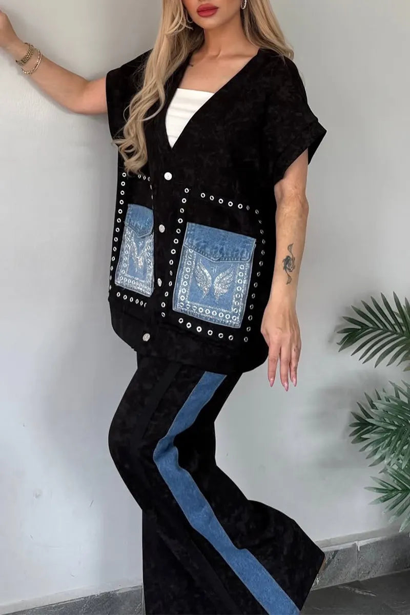 Women V-neck Printed Patchwork Denim Cardigan+ Pants Casual Set