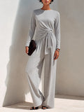 Women's Soft Light Grey Cotton-Blend Long-Sleeve Wrap Top & Wide-Leg Pants Set MDZ2286G0ZRK