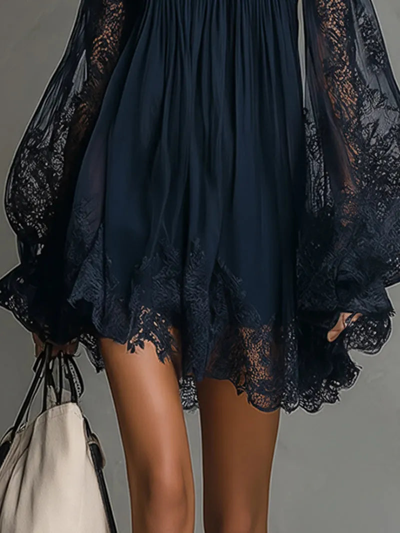 Navy Off-Shoulder Lace Trim Chiffon Mini Dress With Sheer Sleeves