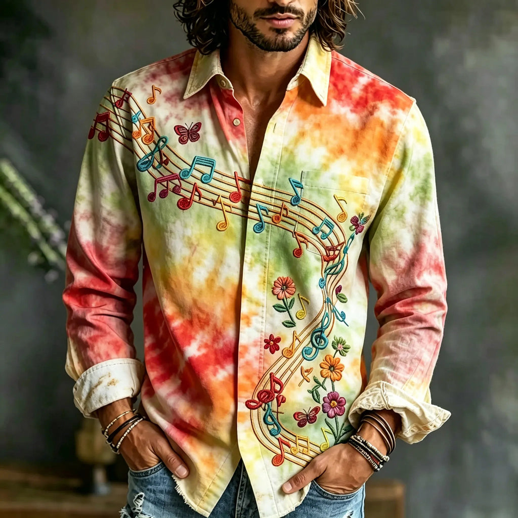 Men's Hippie Tie-dye Butterfly Floral Musical Note Art Print Casual Long-sleeved Shirt