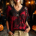 Women's Retro Halloween Spider And Floral Embroidered Short-sleeve V-neck T-shirt