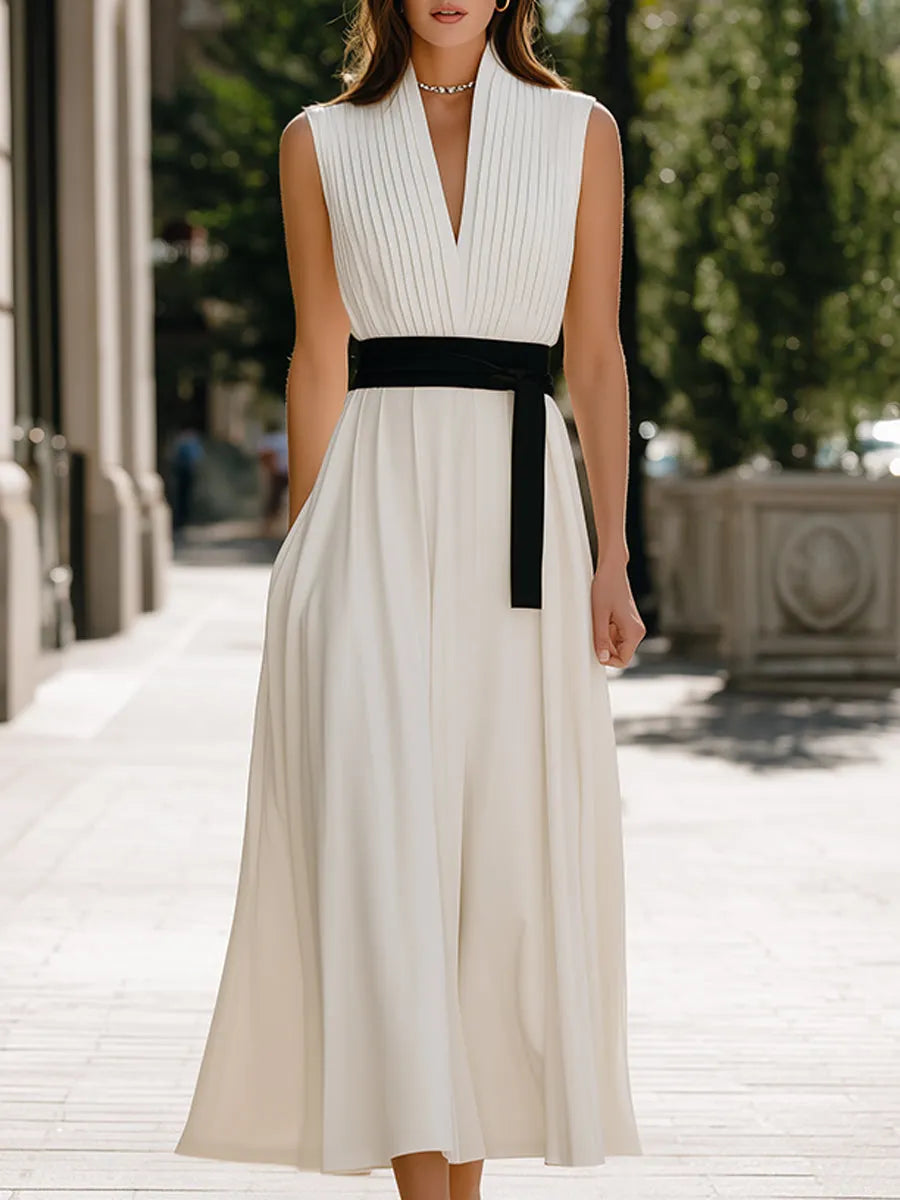 Pleated V-Neck Sleeveless Waist-Tie Flowing Maxi Dress