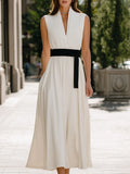 Pleated V-Neck Sleeveless Waist-Tie Flowing Maxi Dress