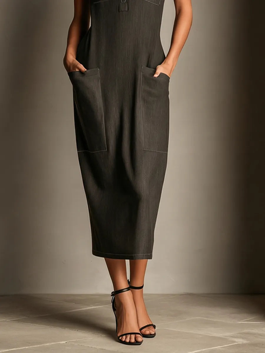 Women's Charcoal Gray Denim Look Midi Dress With Cap Sleeves & Contrast Stitch Detail, Timeless Minimalist-Office Style Dress MDZ3106C9I