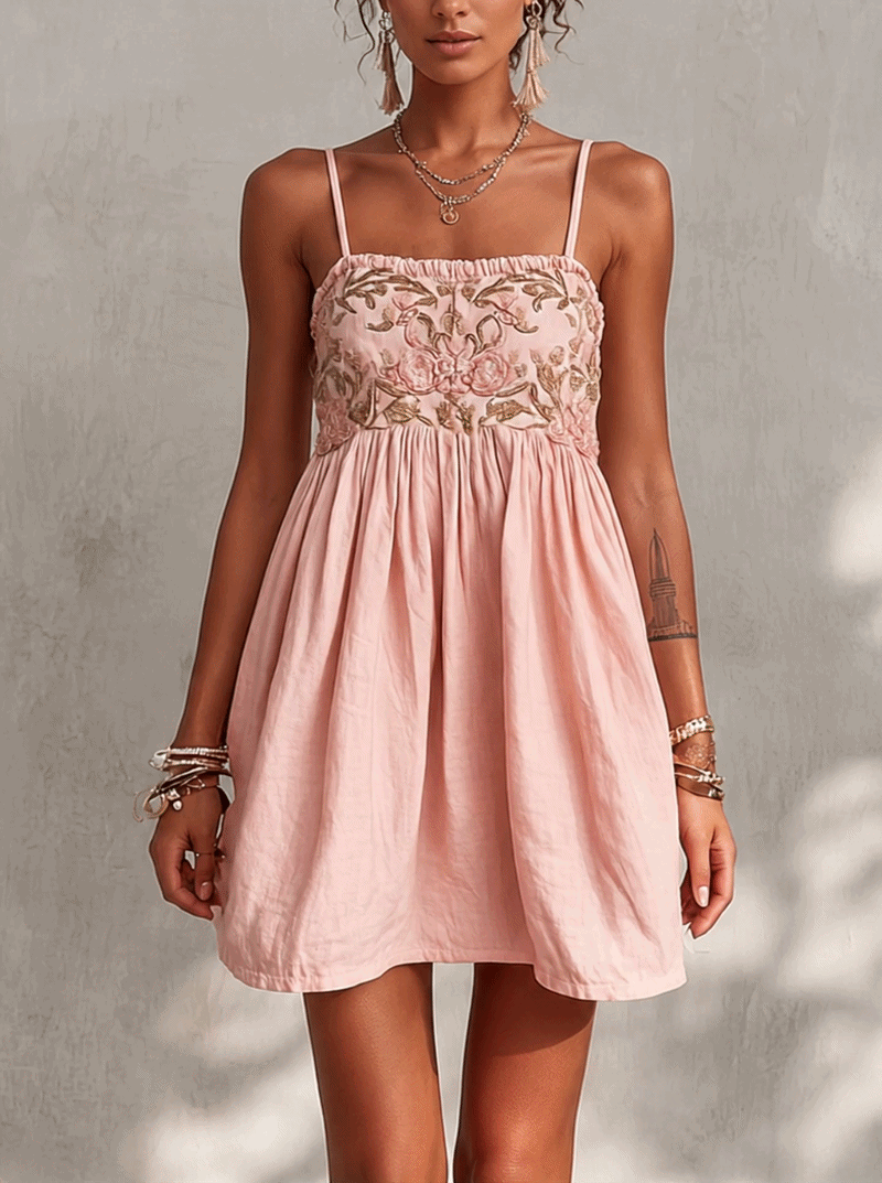Pink Vintage Embroidered Linen Cotton Mini Cami Dress