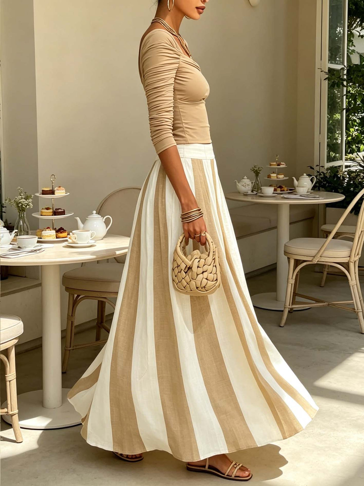 Beige And White Ruched Top And Striped Maxi Skirt Set