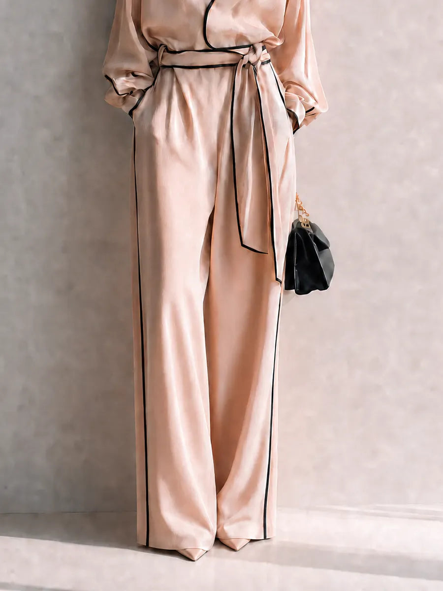 Women's Luxe Pink Black-Trim Cross V-Neck Belted Wide-Leg Satin Set MDZ1005G4CMX