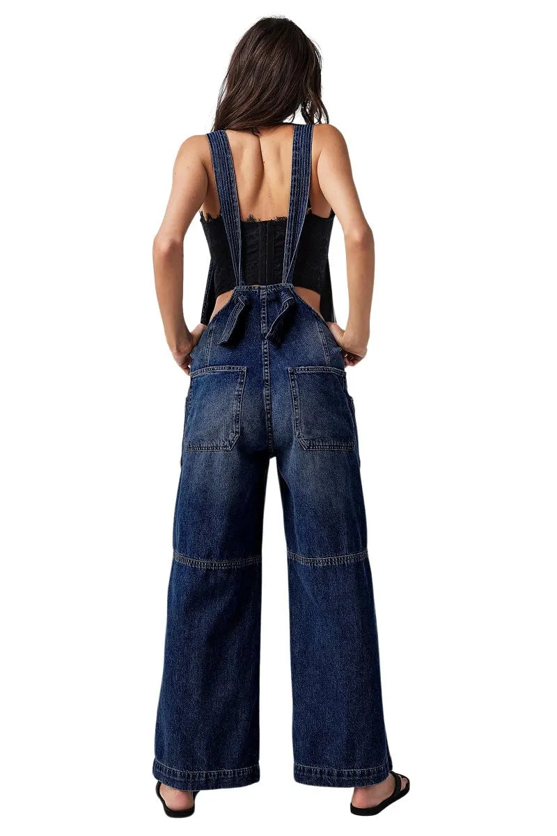 Casual Denim Jumpsuit for Women Overalls Wide Leg Jumpsuit Jeans Denim Bib Overalls Dungaree Pockets