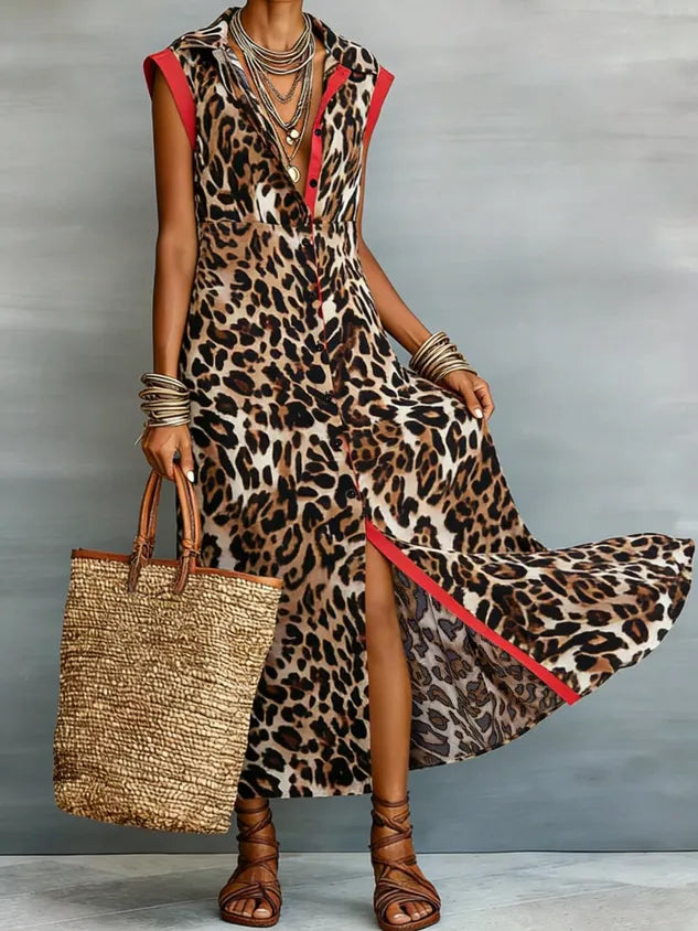 Casual Leopard Colorblock Tailored Maxi Dress