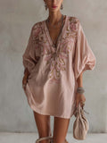 24-Hour-Shipping Pink Cotton Linen Mini Dress With Vintage Floral Embroidery