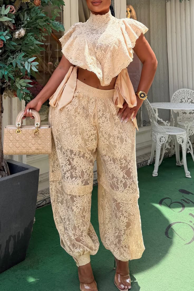 Women Standing Collar Irregular Lace Patterned Top or Lantern Patterned Pants
