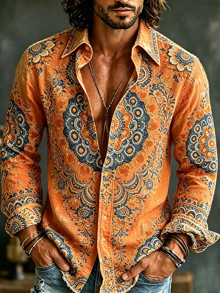 Men's Retro Floral Art Print Casual Shirt