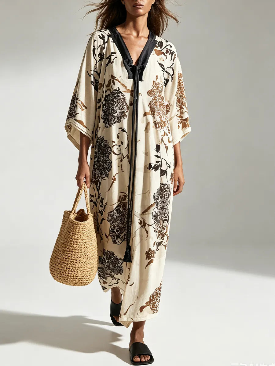 Resort Floral Loose Fit Kimono Sleeve Maxi Dress