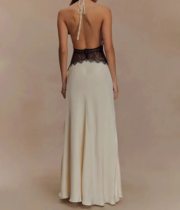 Alvara Halterneck Lace Panel Maxi Dress – Backless Sleeveless Occasion Gown