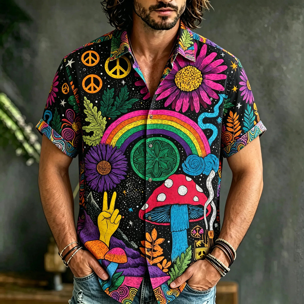 Men's Hippie Psychedelic Style Peace Symbol Botanical Print Casual Shirt